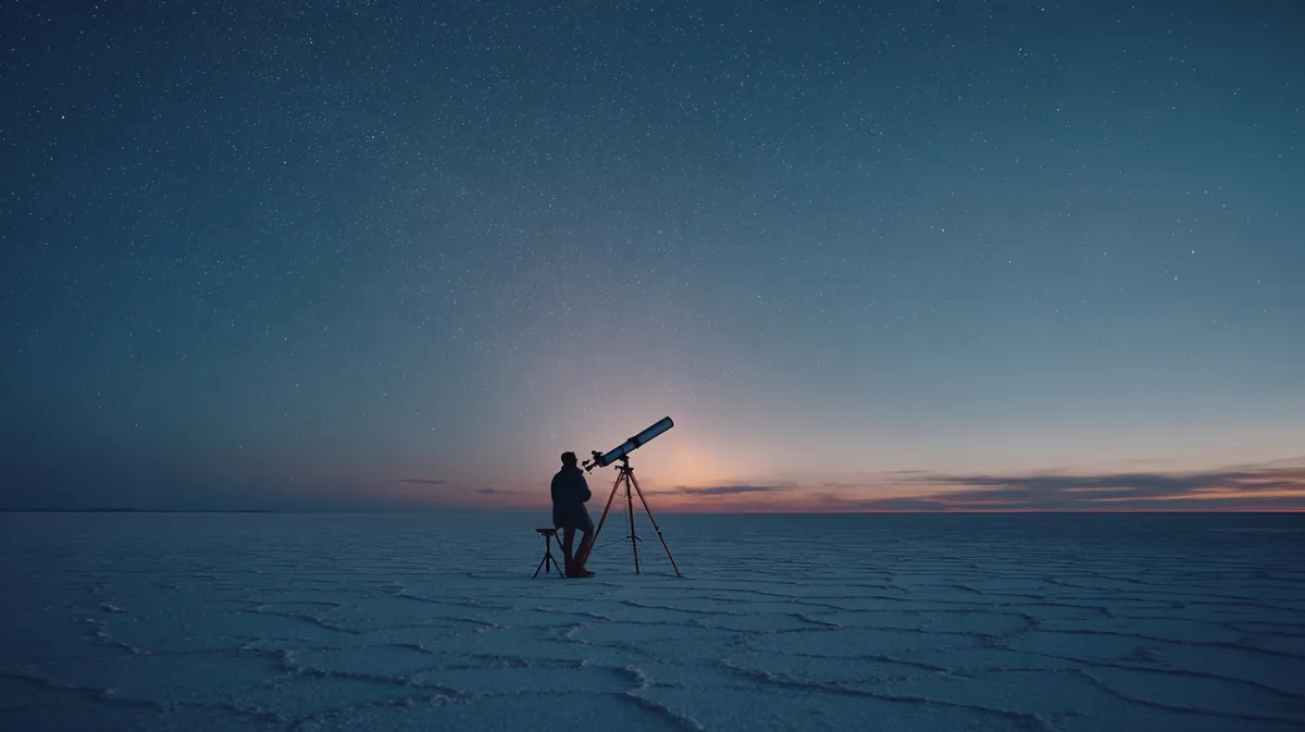 Cinematic still of a lone astronomer beside a brass telescope on a vast salt flat at blue hour, faint aurora, film grain