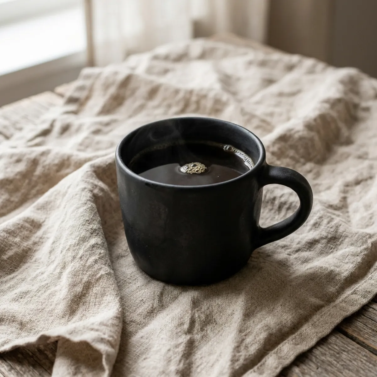A product photo of a matte black ceramic coffee cup on warm linen, soft daylight