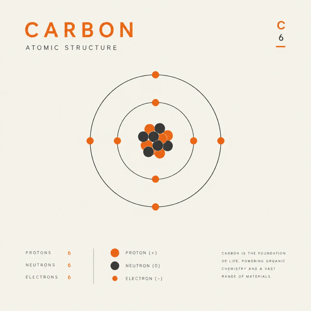 A minimalist poster of a carbon atom diagram, orange accent on off-white