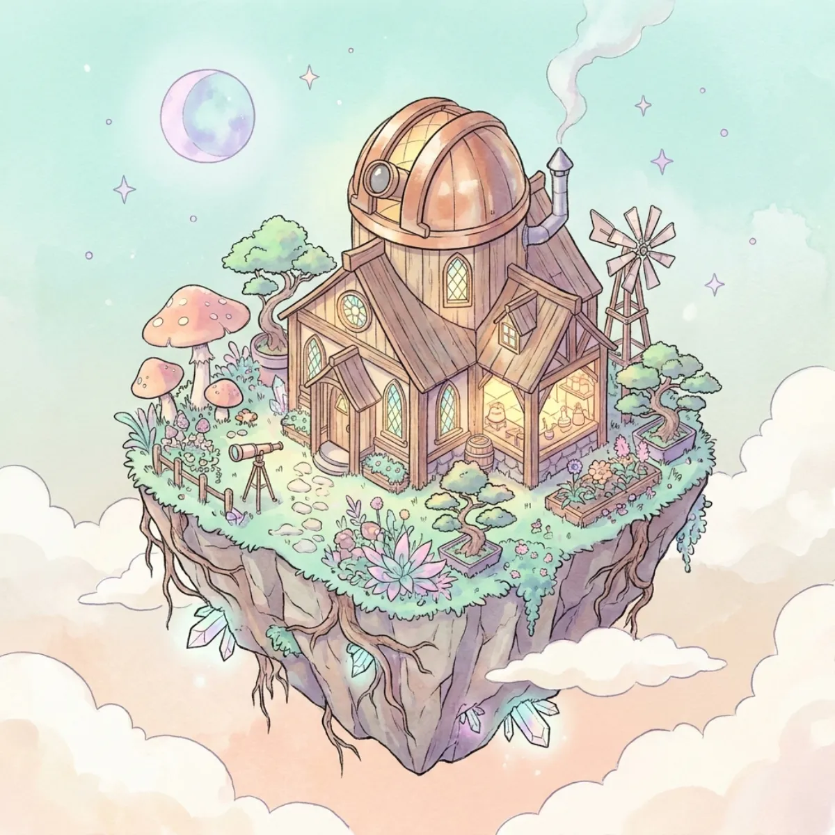 Isometric illustration of a tiny research lab on a floating island, glowing windows, plants, a small observatory dome