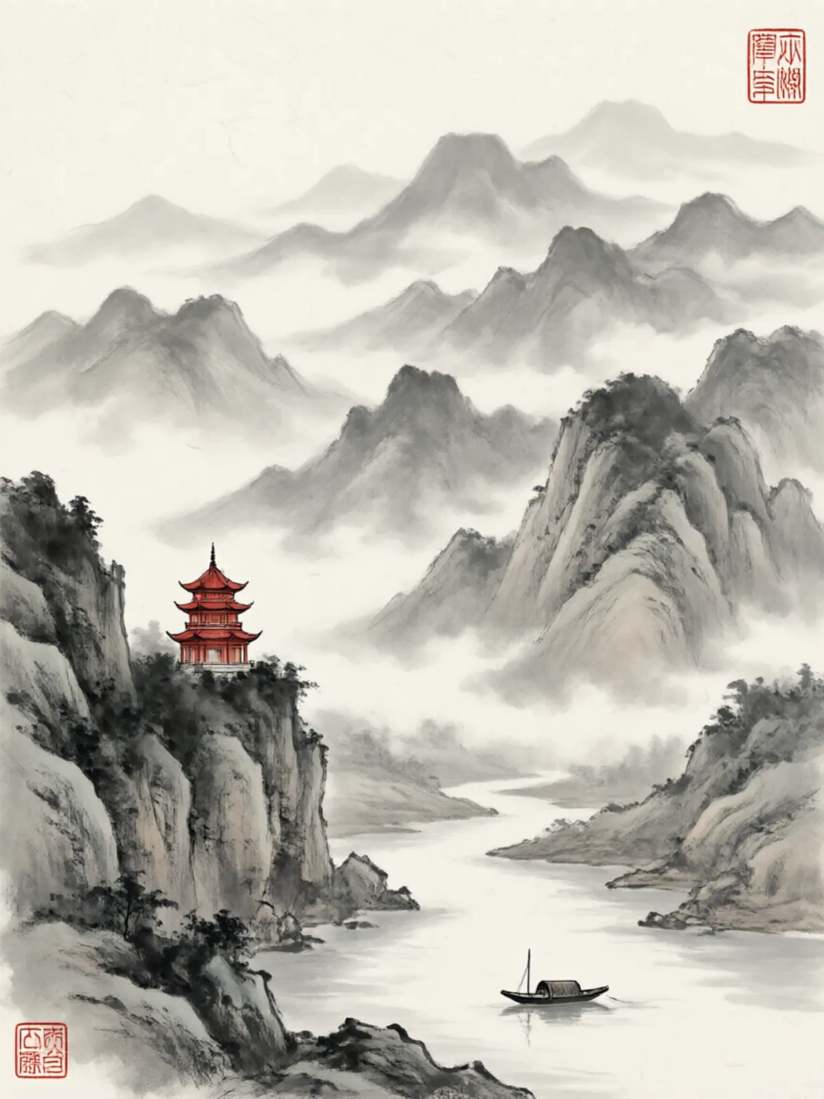 Traditional Chinese ink wash painting of misty layered mountains, a small red pagoda on a cliff, a lone boat on the river
