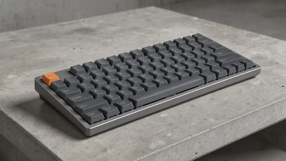 Photoreal product shot of a compact mechanical keyboard with graphite keycaps and a single orange escape key, on raw concrete