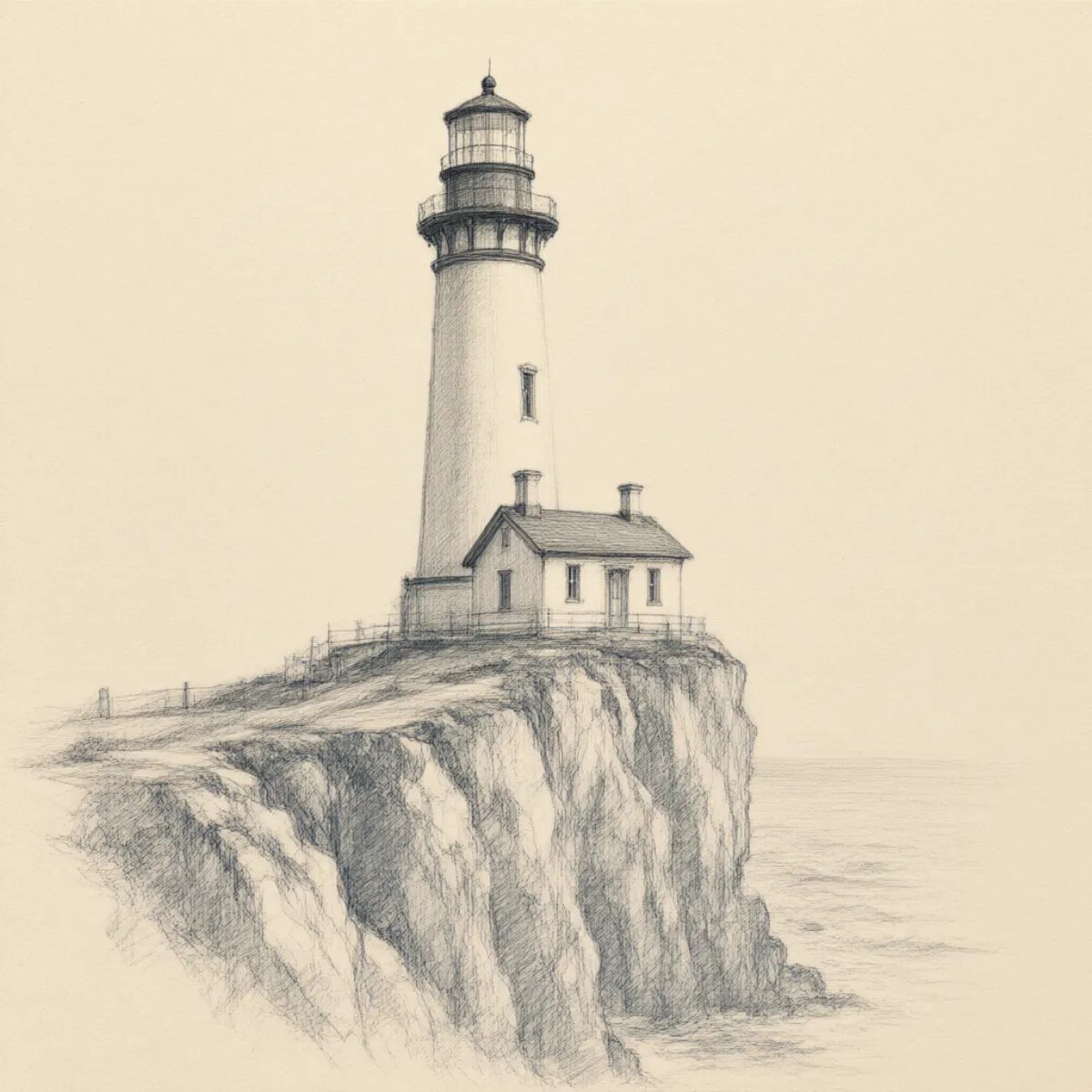 A graphite pencil sketch of a lighthouse on a cliff, warm paper texture