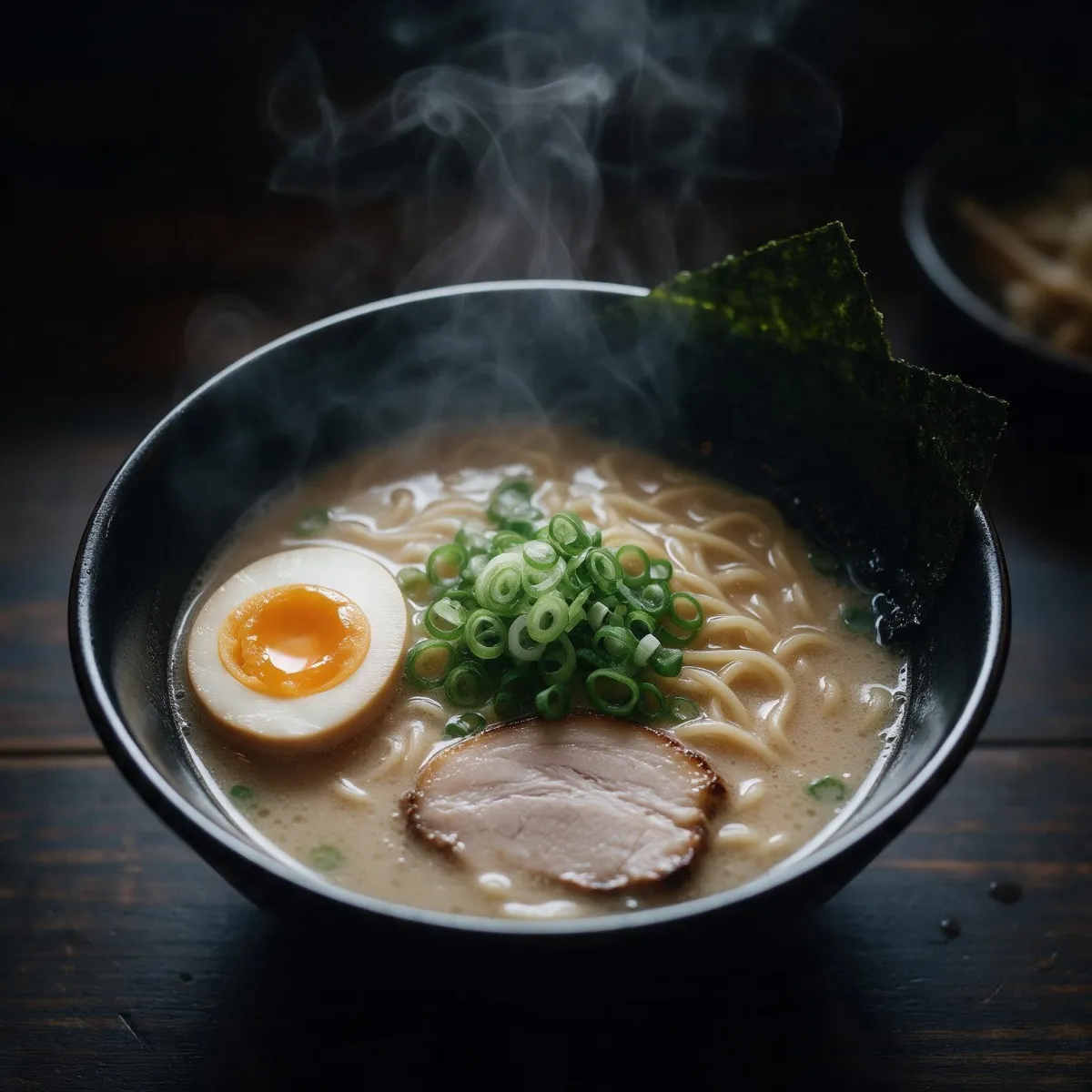 Overhead food photography of a bowl of tonkotsu ramen with soft egg, scallions and nori, steam, moody light