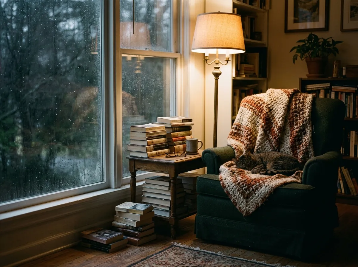 A cozy reading nook by a rain-streaked window, stacked books, a cat asleep on a wool blanket, 35mm film photo